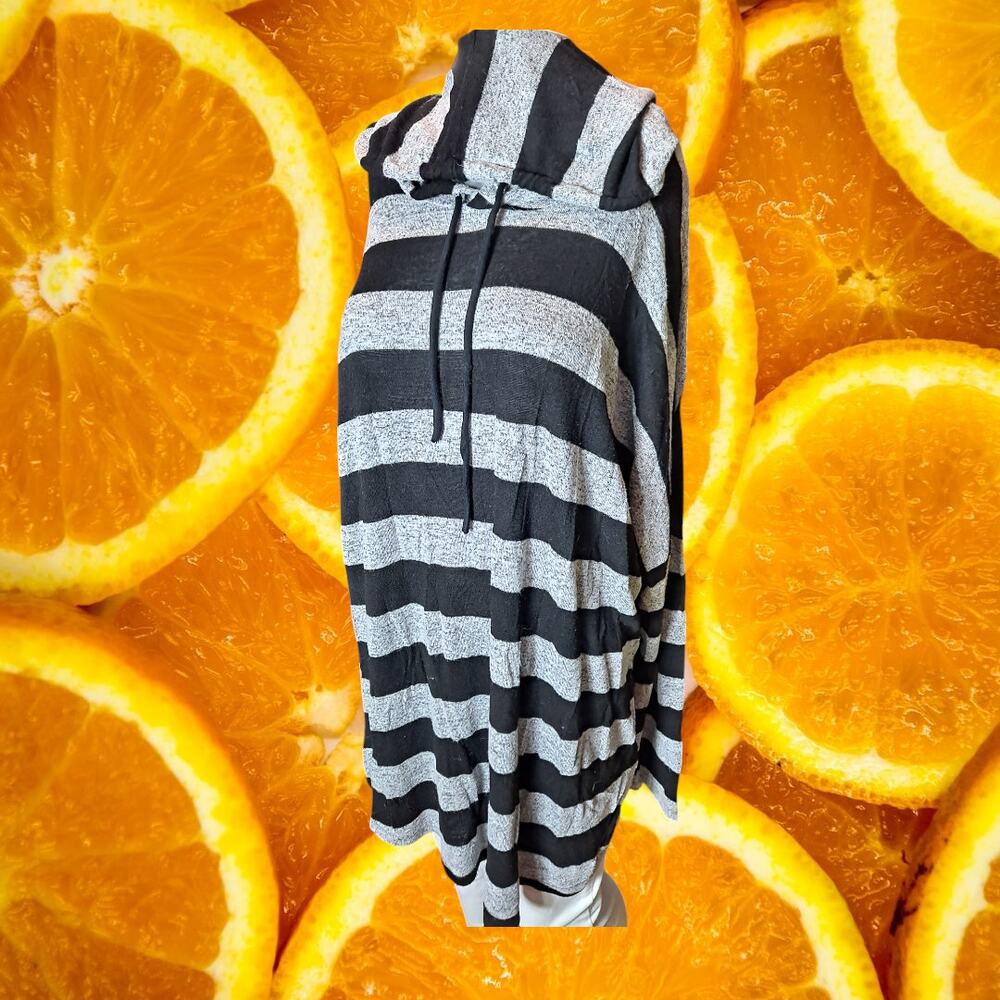 Bombom Women's Black & Gray Striped Drawstring Dropped Shoulder Hoodie Size XL